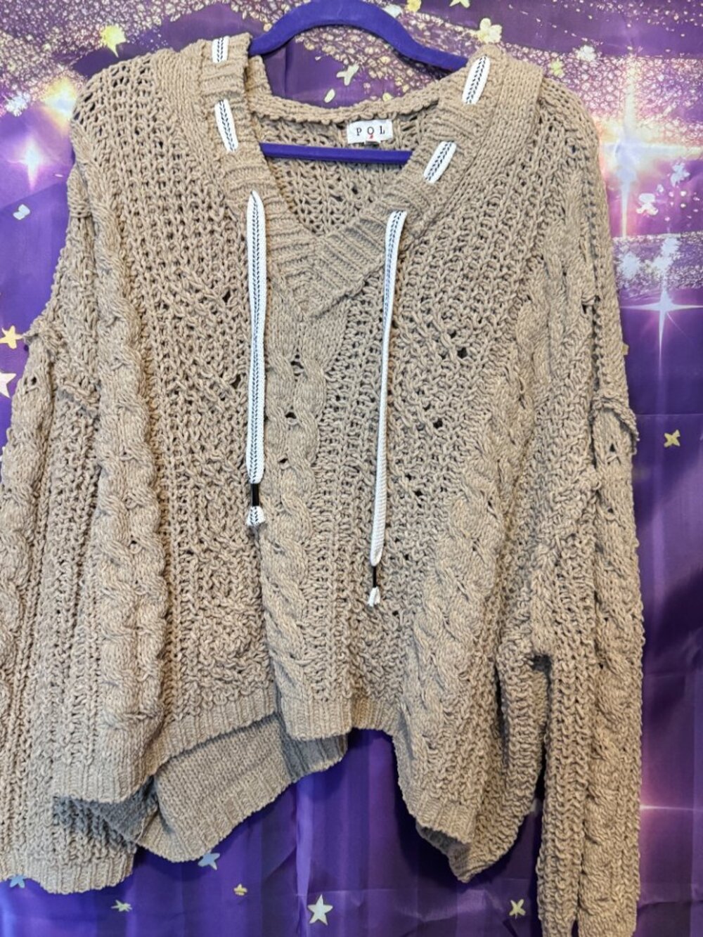 POL Clothing - Cable Loose Knit Sweater with Hoodie - Tan - L - Picture 2 of 6